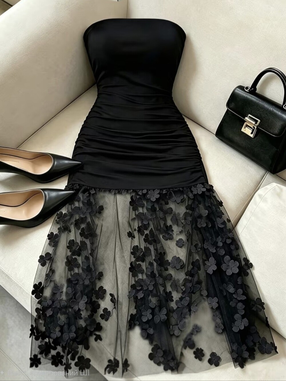 Elegant and Luxurious Floral Contrast Mesh Ruched Waist Slim-fit Strapless Solid